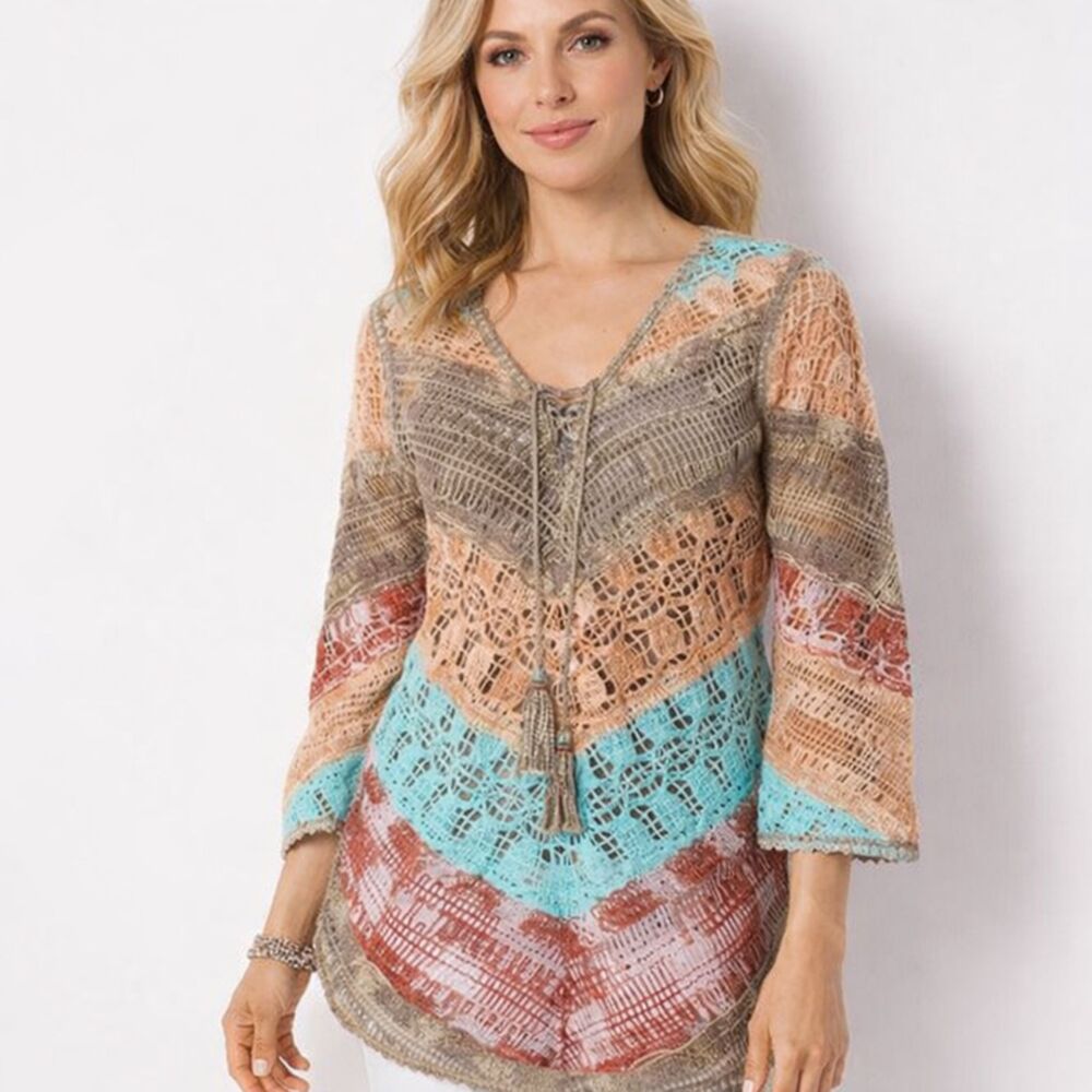 Soft Surroundings Crochet Sweater Womens PXS Open Knit Chevron Boho Zig Zag NEW